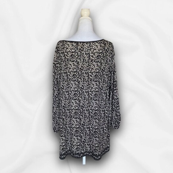 Black & White Floral Print Tunic Top Size 1X Bohemian, Peasant, Puff Sleeves - Picture 2 of 11